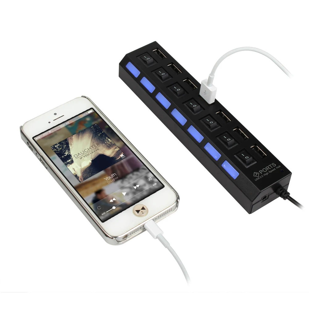 USB 2,0 7-Порты и разъёмы мульти Зарядное устройство Hub+ высокоскоростной адаптер ON/OFF переключатель для ноутбука/ПК