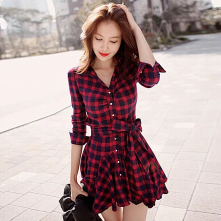 Женское платье 2018 Весна Лето ретро с длинным рукавом женское красное клетчатое рубашка отворотом офисная