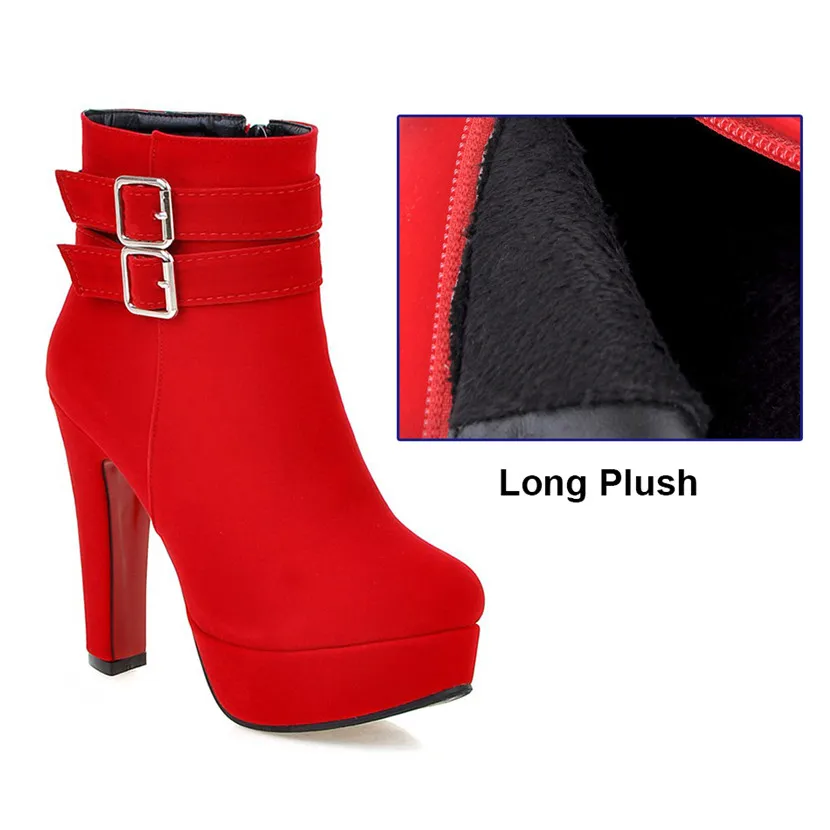 Long Plush Red Женские зимние ботильоны на платформе 12 см модные женские красные вечерние ботинки из флока с круглым носком на высоком толстом каблуке-шпильке с плюшевой пряжкой - Цвет: Long Plush Red