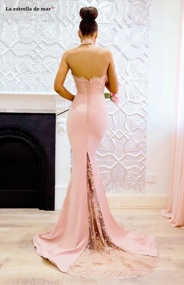 

Vestidos de gala new high neck lace satin halter pink sexy mermaid prom dresses trailing vestido graduacion largo custom evening