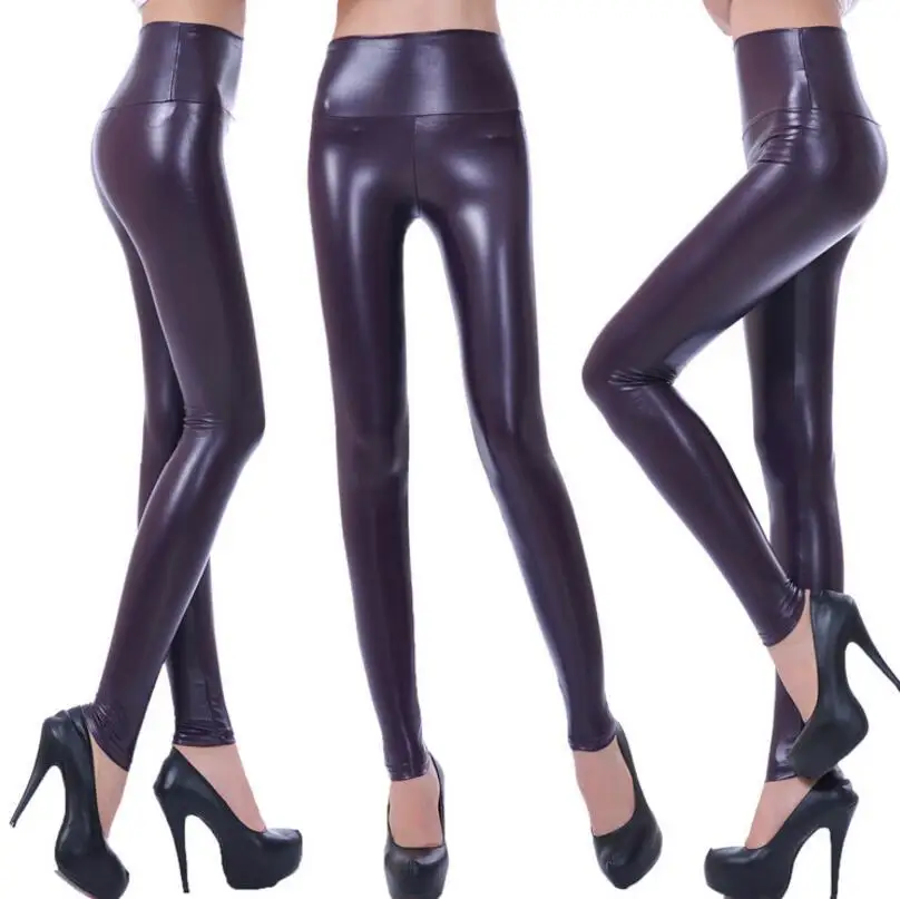 K303 Black purple Женские кожаные леггинсы, штаны, леггинсы с высокой талией, эластичные Блестящие Брюки, зимние облегающие Женские брюки, женские брюки-карандаш - Цвет: K303 Black purple