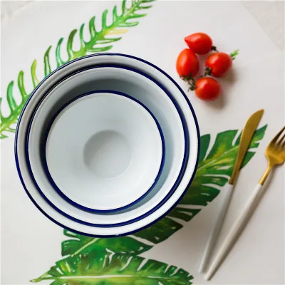 white with blue 3 шт. набор больших средних и маленьких размеров красного, синего и черного цвета Толстая эмалированная десертная миска для лапши салат для приготовления пищи миска для супа - Цвет: white with blue