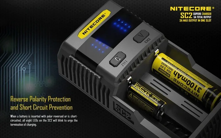 Бенчмарк NITECORE SC2 интеллектуальная зарядка 3A Быстрая зарядка превосходное зарядное устройство с 5А общим выходом+ 18650*2 батареи