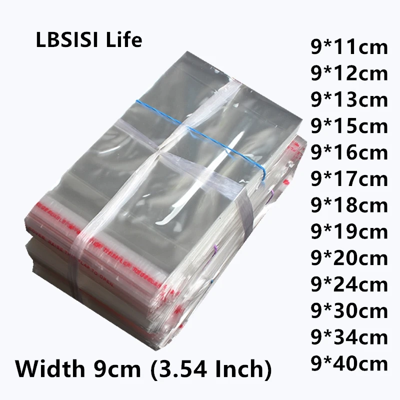 

LBSISI Life 500pcs 9cm Wide Clear Plastic Adhesive Bags Transparent Poly Food Candy Jewelry Gift Packing Little Pen Bag