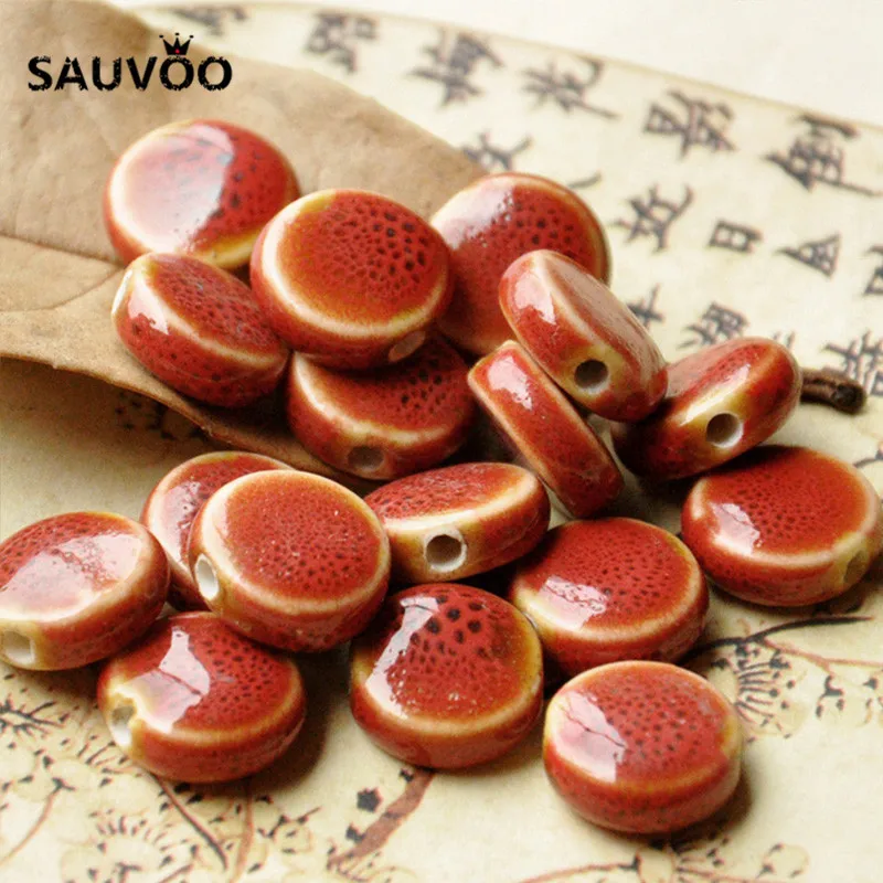 SAUVOO 30 шт./лот красочные круглые плоские керамические глазурные шармы бусины 14 мм
