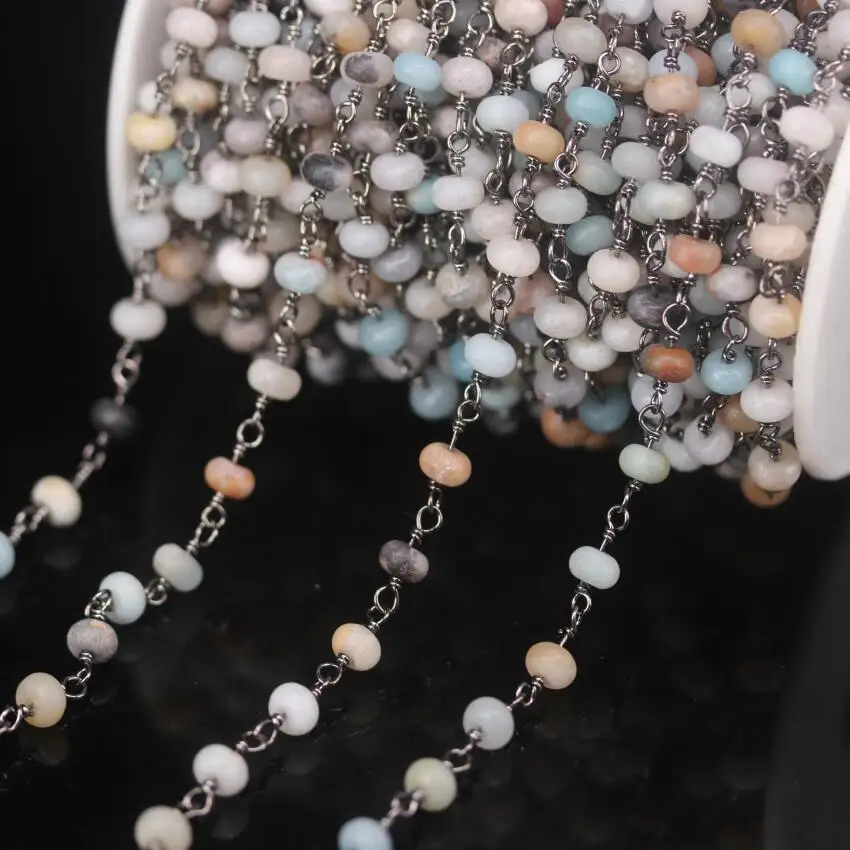 

5Meter,4x6mm Matted Amazonite Rondelle Beads Rosary Chain,Gun Black Brass Wire Wrapped Natural Gems Link Chain Necklace Carfts