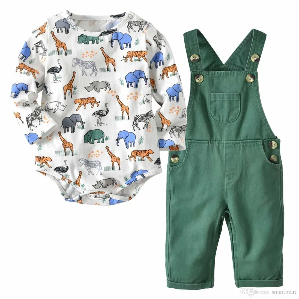 

Cute Baby Boys Girls Animals Cartoon Rompers with Overall Pants 2pcs Sets Sweet Spring Summer Autumn Fashion Children Clothing