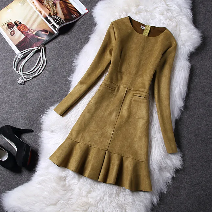 Зимнее женское Замшевое платье Осенние розовые платья с длинным рукавом 2017