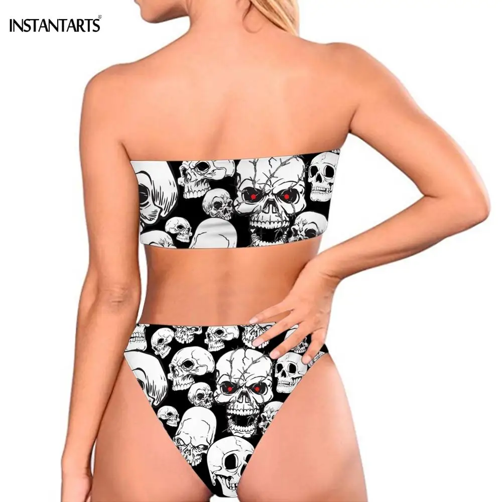 INSTANTARTS 3D Punk Skull Print Woman Push Up Bikini Set Strapless Bandeau Swimming Suits Summer Female Sexy Bathing Beachwear | Женская