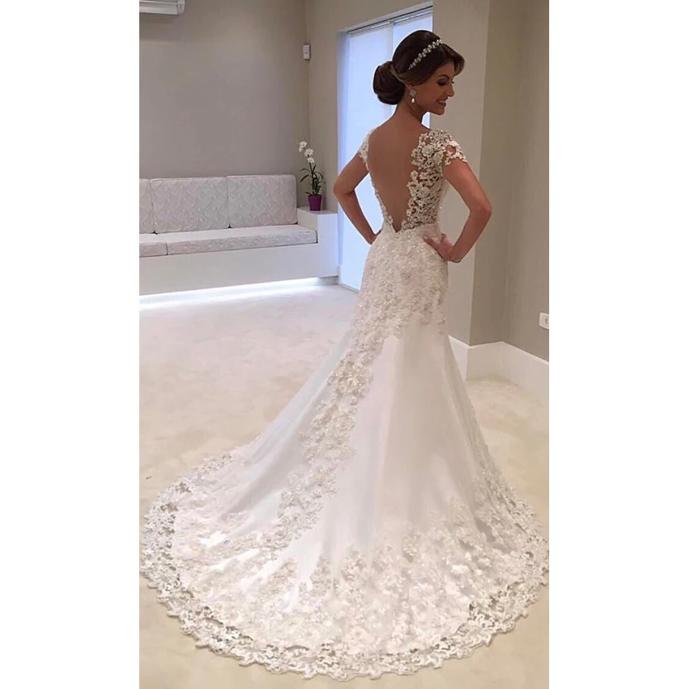 Fansmile Иллюзия Vestido De Noiva белое кружевное свадебное платье Русалка с открытой спиной свадебное платье с коротким рукавом платье невесты FSM-453M