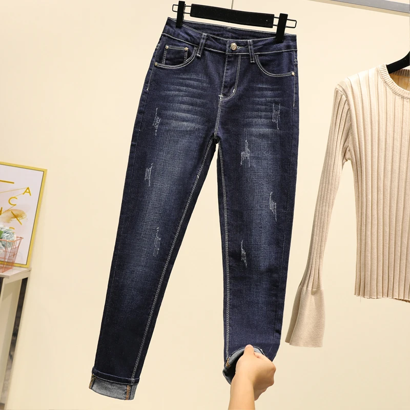 scratched Slim Jeans For Women elastic jeans plus size Skinny Jeans Woman Blue Denim Pencil Pants stretch denim women