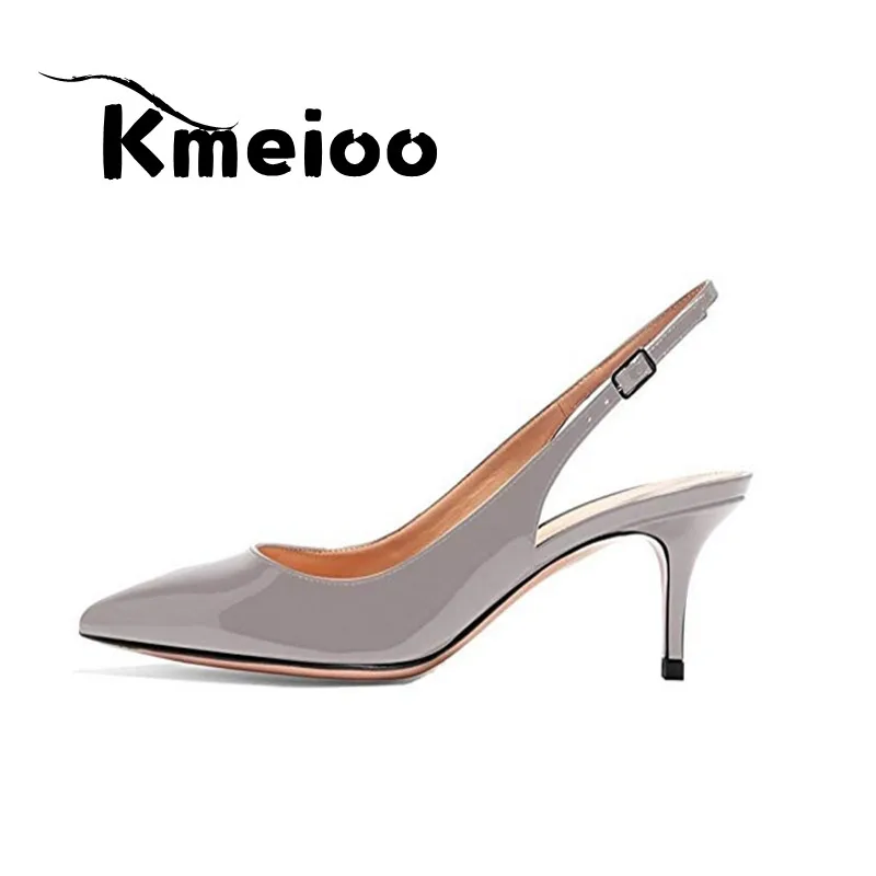 Gray-patent Kmeioo/пикантные женские туфли-лодочки с леопардовым принтом на тонком каблуке, женская обувь для вечеринок, Брендовые женские туфли-лодочки с острым носком и ремешком на щиколотке, большие размеры - Цвет: Gray-patent