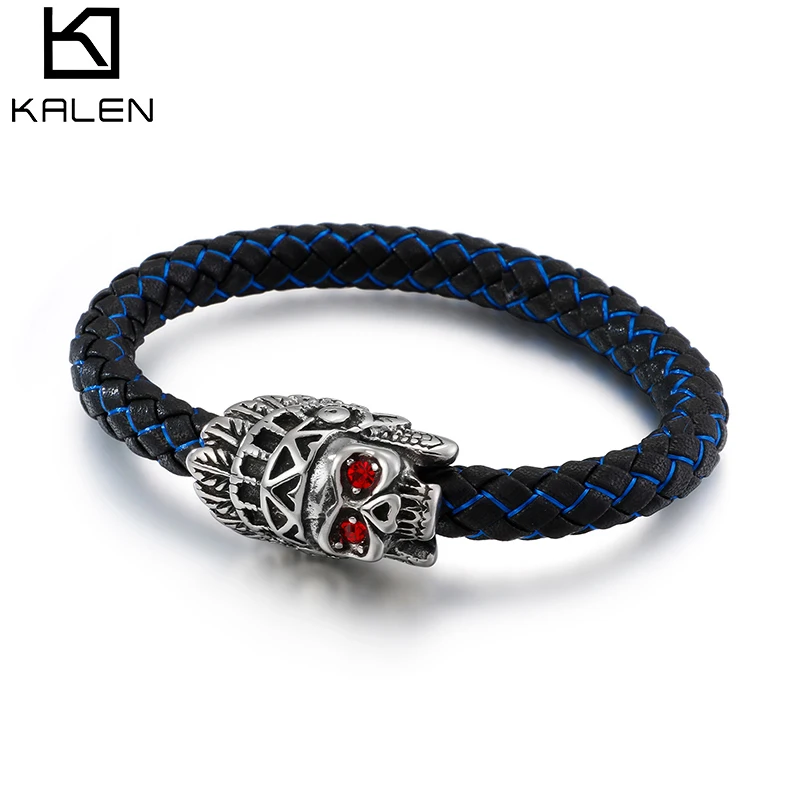 KALEN хип хоп Рок мужской браслет череп с красным цирконием глаз плетеные кожаные