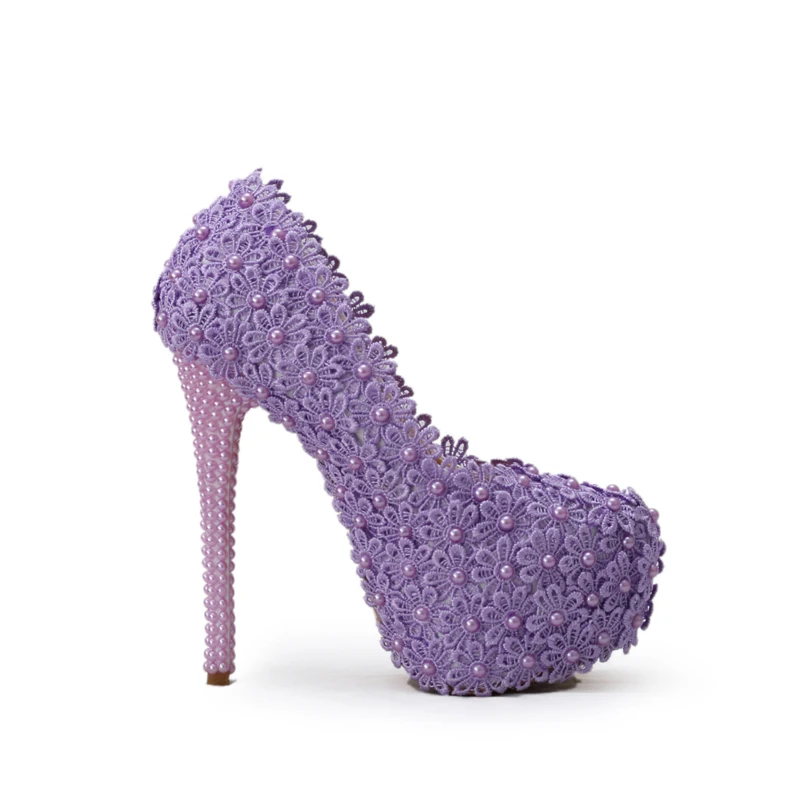 Фиолетовые свадебные туфли с кружевными цветами ручной работы на высоком