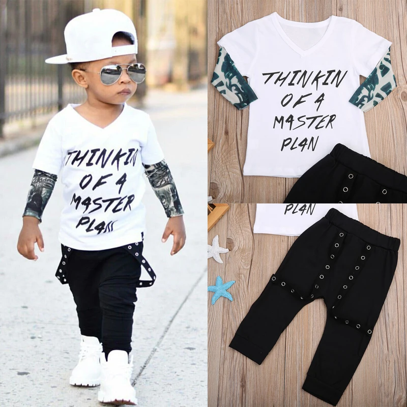 2019 Newborn Baby Clothing Sets Tattoo Sleeve Letter Print T-shirt+Rock Pants 2PCS Suit Infant Toddler Children Boys Clothes