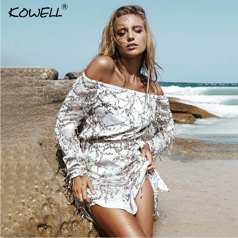 2018 сексуальное расшитое блестками платье с вырезом лодочкой и кисточками