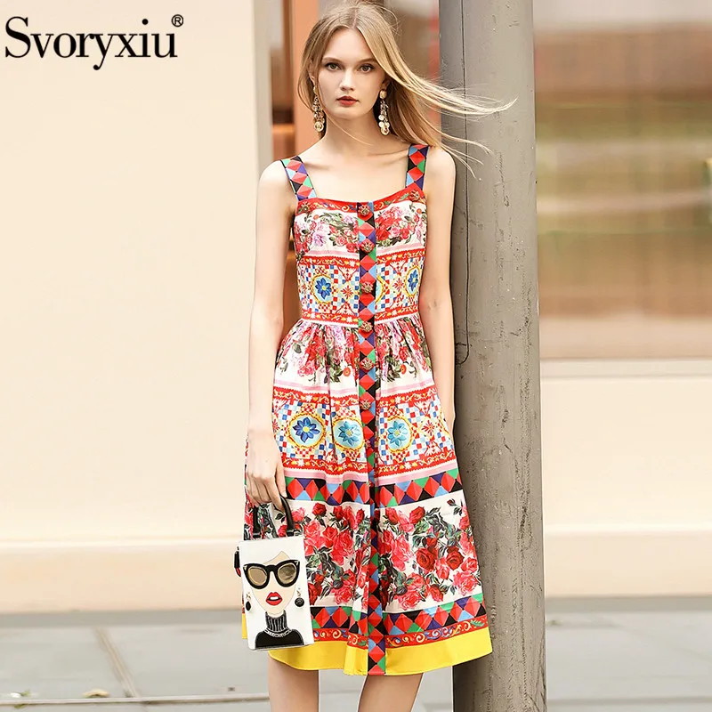 

Svoryxiu Runway Rose Flower Print Spaghetti Strap Dress Women's luxury Crystal Single Breasted Summer Knee-Length Dress Vestdios