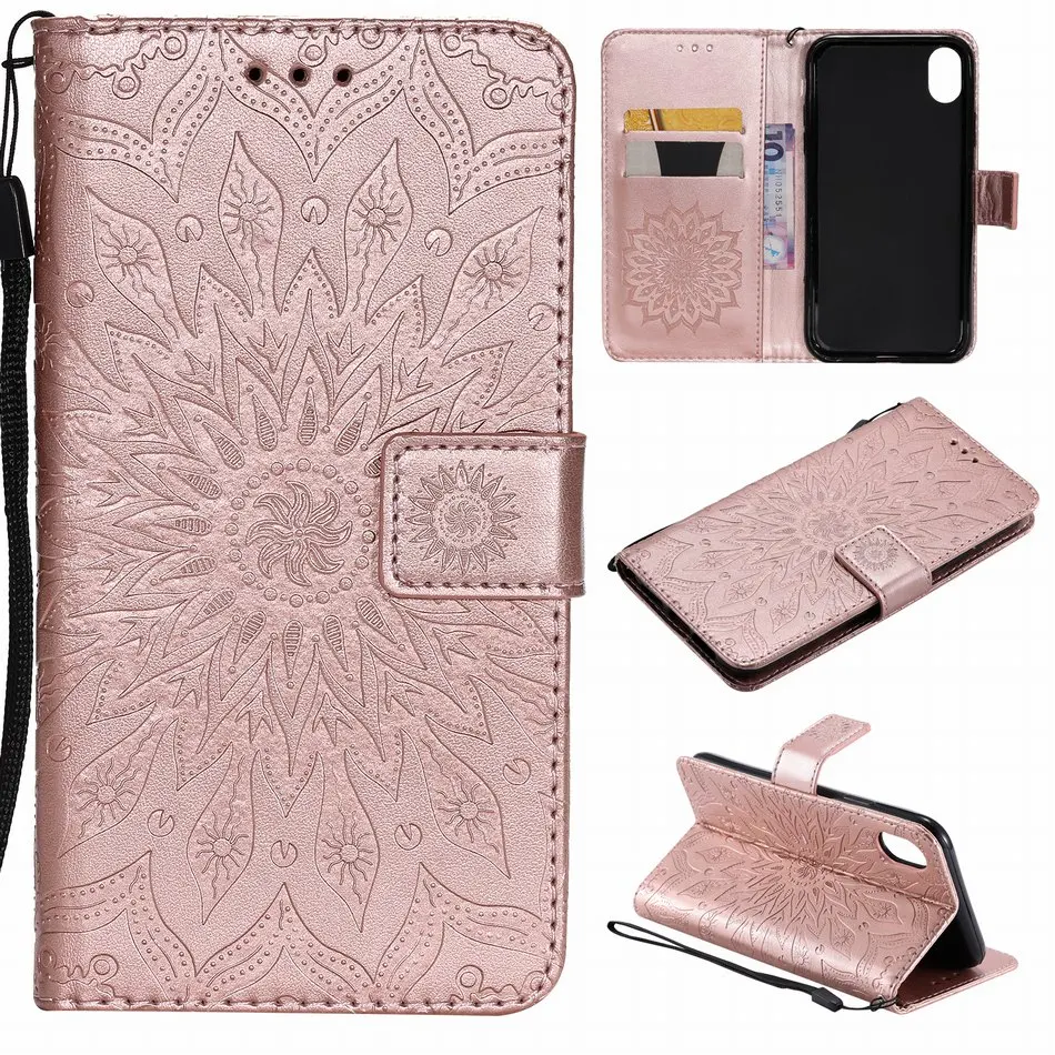 Флип Fundas кожаные чехлы для Coque iPhone XR X XS Max 7 8 Plus Touch 5 6 слот для карт рамка Подсолнух тиснение чехлы для телефонов P06Z