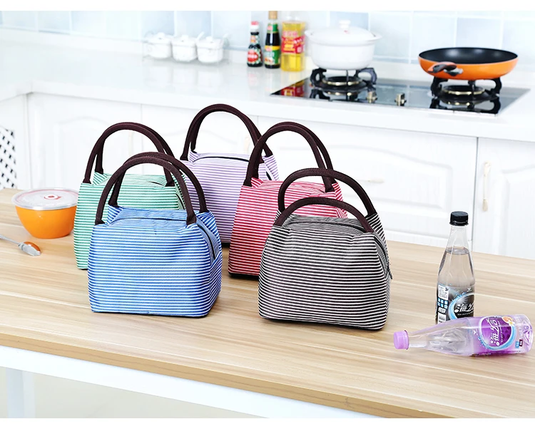 Waterproof Canvas Insulated Lunch Bag Aluminum Foil Stripe Handbags Food Storage Cooler Ice Bag Unisex Portable Lunch Box Tote