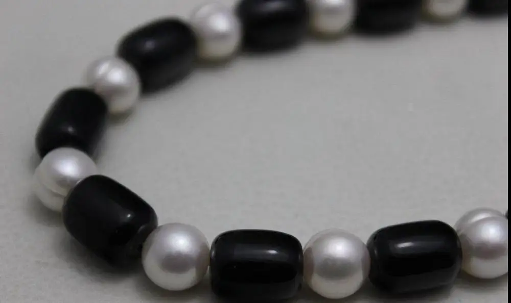Новый белый пресноводный жемчуг ожерелье 8-9 мм и черный агат металлическая