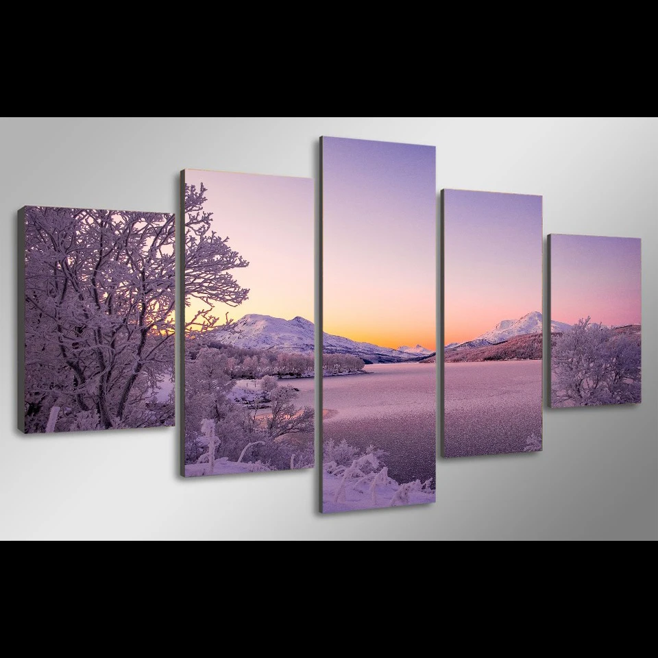 Современная Настенная картина с рамкой для гостиной 5 штук Снежная гора природа