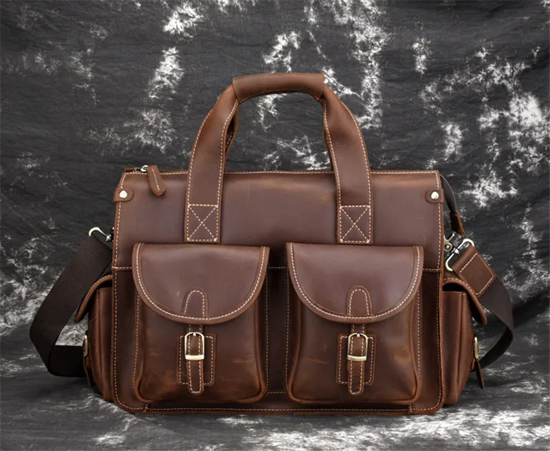 PNDME high quality crazy horse cowhide men's briefcase vintage designer simple multi pocket genuine leather office laptop bag