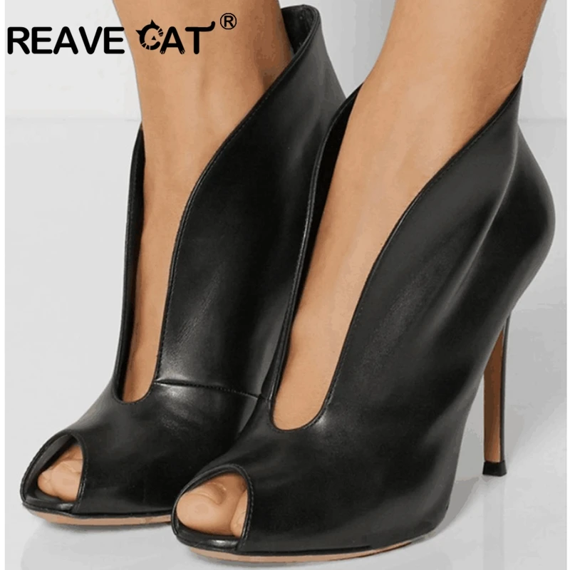 

REAVE CAT Women summer boots peep toe Shallow V-type ultral high stilettos heels sexy party booties botas mujer Big Size 44 46