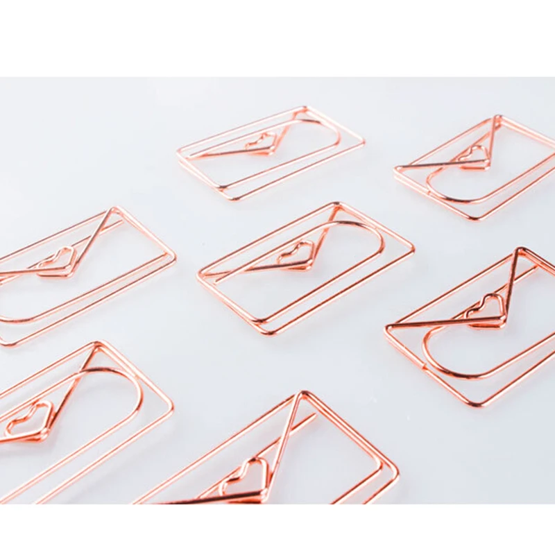 12PCS/lot Rose Gold Plating Metal Material Paper Clip Heart Envelope Shape Cute Bookmark Tag | Канцтовары для офиса и дома