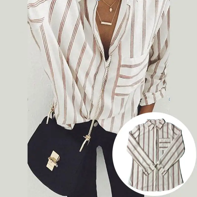 Новая полосатая блузка Топы Для женщин Blusas Свободные Большой Размеры с длинным