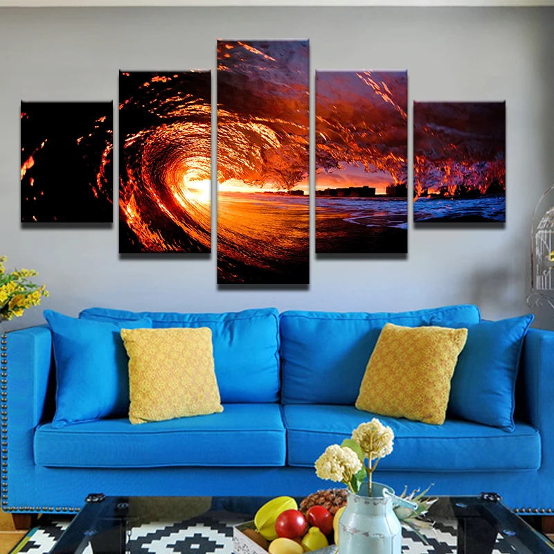 Modern Canvas Wall Art Pictures Frame Home Decor HD Printed 5 Pieces Sunset Sea Waves Poster Beach Sun Seascape Painting | Дом и сад