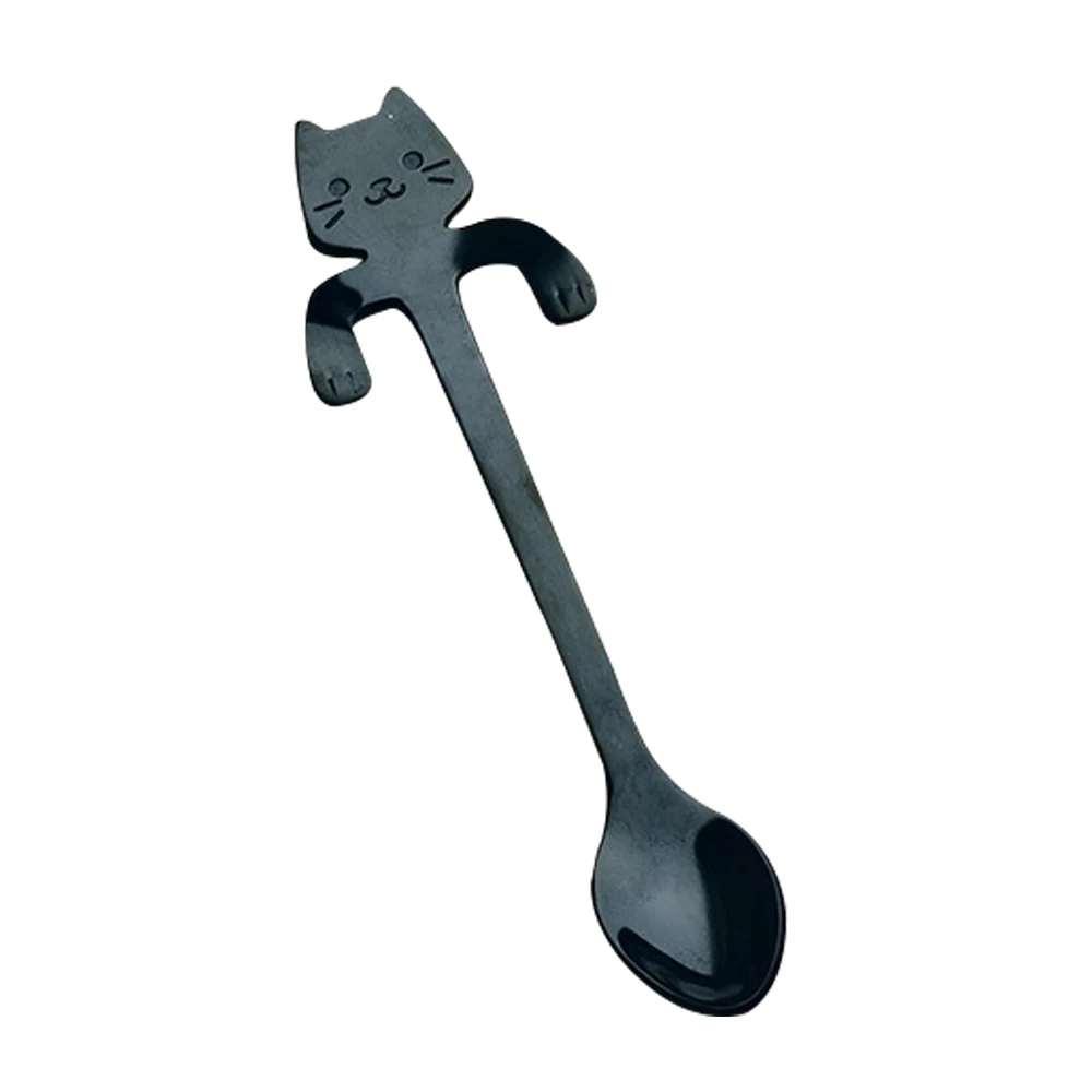 black Милая Мини 304 кофейная ложка из нержавеющей стали Kitty Cat, ложка для перемешивания, чайная ложка, чайная ложка, десертная ложка, длинная ручка, посуда, золото - Цвет: black