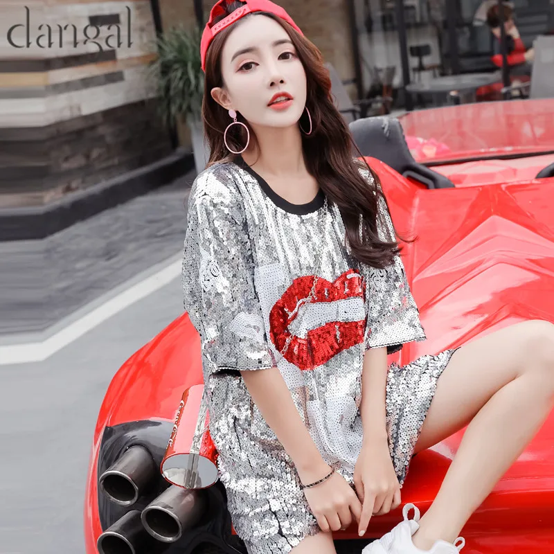 футболка с пайетками Модная Блёстки хип хоп bling оранжевый половины sleevet рубашка