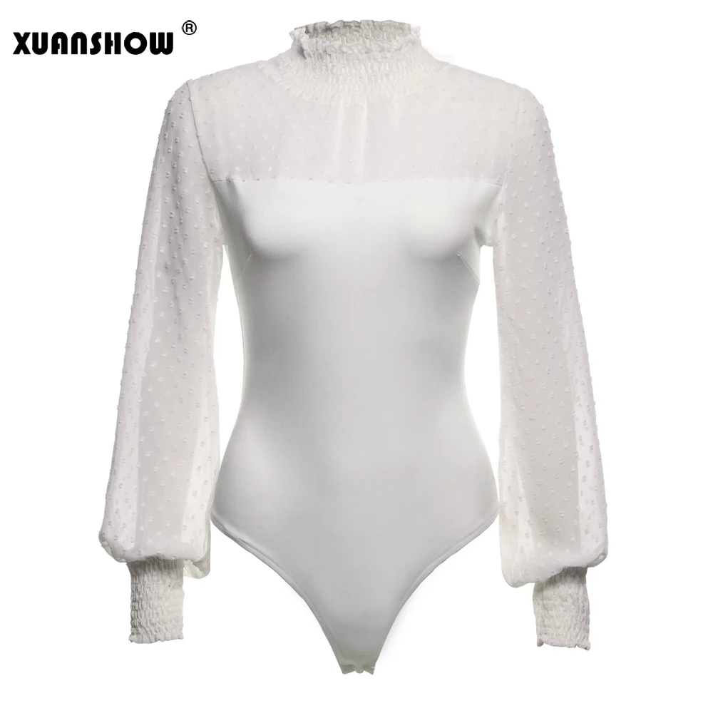 White XUANSHOW, чарующие боди для женщин, новинка, летний перспективный комбинезон с длинными рукавами-фонариками, женский комбинезон с высоким воротом, боди Mujer - Цвет: White
