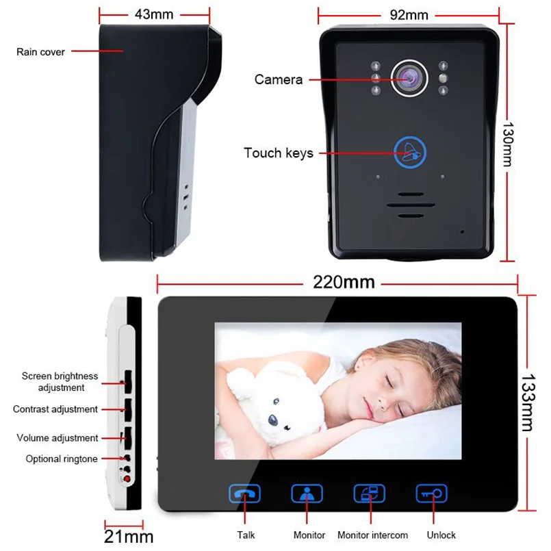 Проводной видеодомофон 7 дюймов Водонепроницаемый дверной звонок домофон с