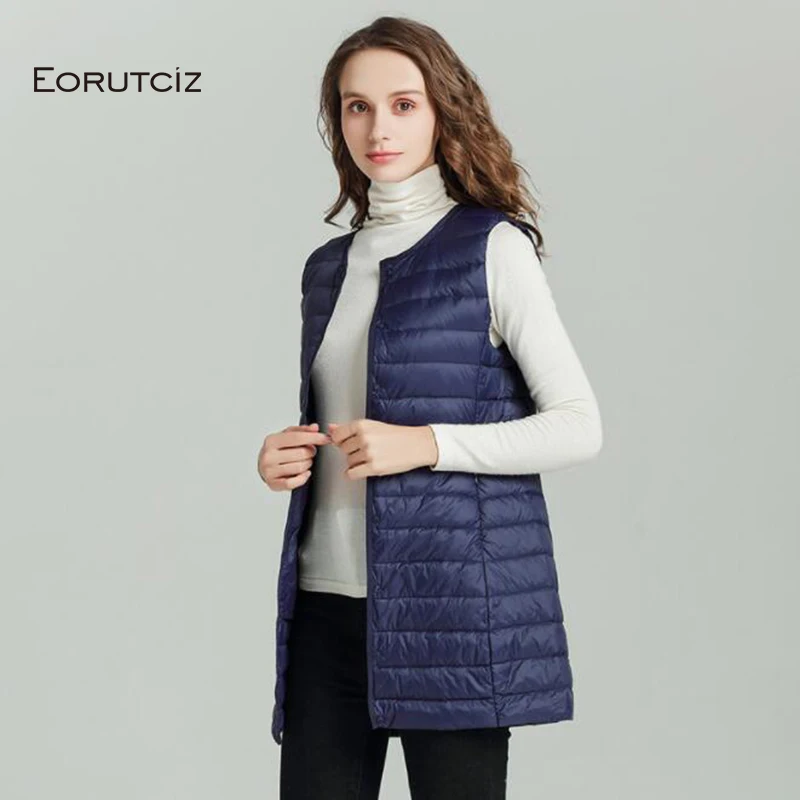 

EORUTCIZ Winter Plus Size 4XL Down Women Vest Long Ultra Light Jacket Sleeveless Vintage Casual Waistcoat Autumn Coat LM510