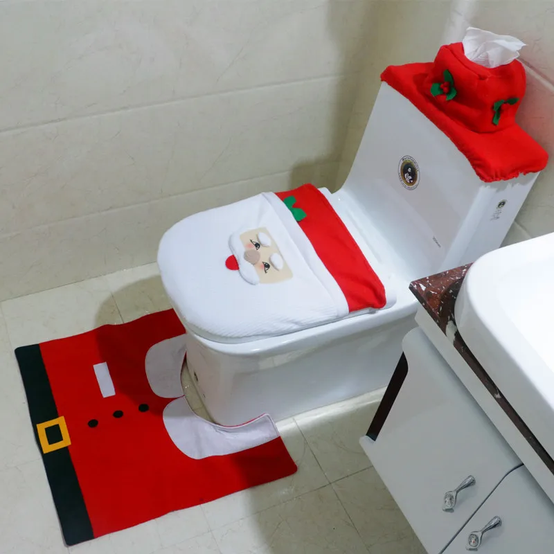 

Christmas Interior 3pc/set Christmas Decoration Xmas Happy Santa Toilet Seat Cover and Rug Bathroom New Year home decorations