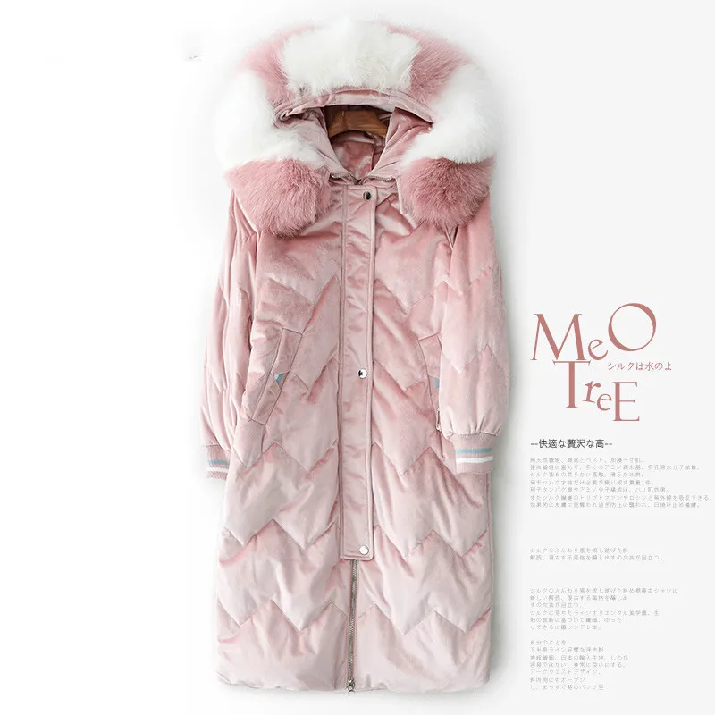 Pink AYUNSUE, женский пуховик, зимнее длинное пальто, женский воротник из лисьего меха, бархатный пуховик, женский пуховик с капюшоном, корейский стиль, TLR1402 KJ2480 - Цвет: Pink