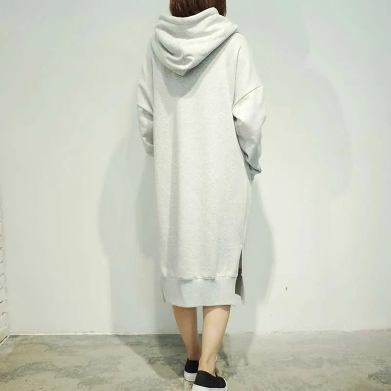 Женское зимнее платье с капюшоном теплое серое Хлопковое длинным рукавом зима 2020