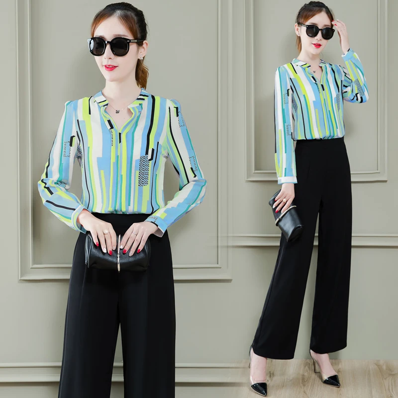 

New fashion suits summer black wide-legged pants big yards two pcs clothing set loose long-sleeved chiffon stripe blouse shirt