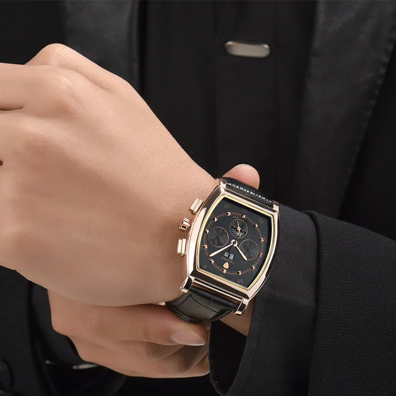 Мужские автоматические часы TEVISE механические Tonneau с циферблатом Moon Phase кожаным