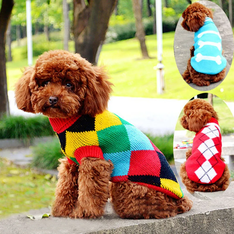 Одежда для домашних собак Зимний вязаный теплый свитер полосатый трикотаж с