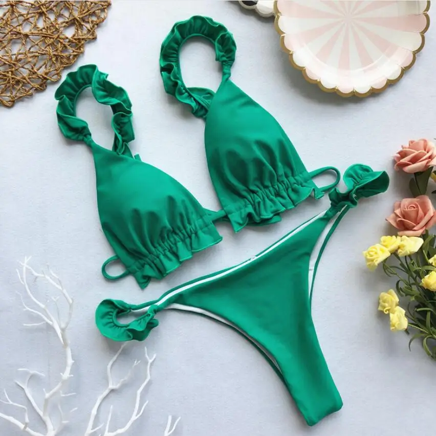 New Flower Ruffle Brazilian Bikinis Set 2019 Sexy Off Shoulder Bikini Mujer Swimwear Women Swimsuit Halter Push Up Bathing Suits |