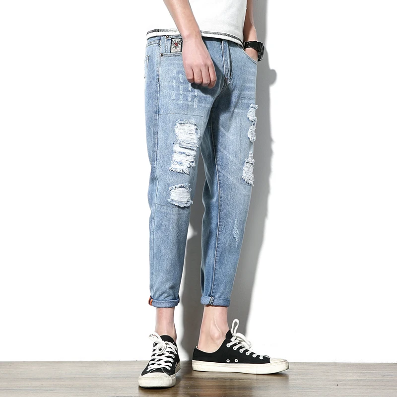 Джинсы мужские свободные с дырками Модные узкие джинсы до щиколотки из хлопка