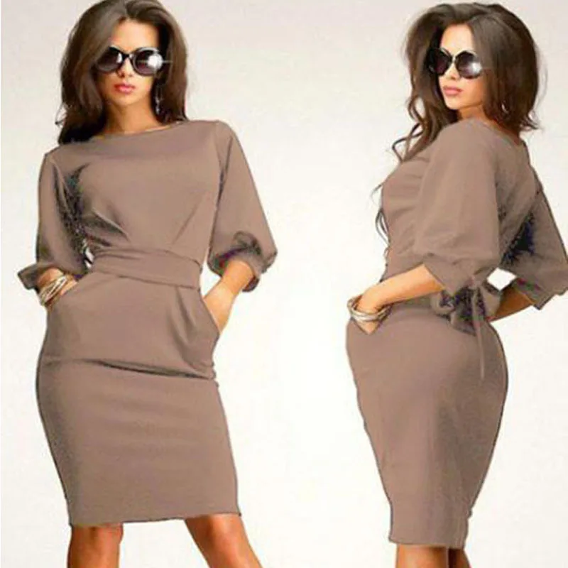 Новое платье Vestidos с О образным вырезом и поясом длиной до колена Женская рабочая