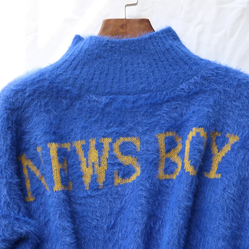 Flectit Blue Yellow Womens Fuzzy Knit Crooped Jumper Sweater with NEWSBOY Graphic Crew Neck Long Sleeve Pullovers Sweaters | Женская
