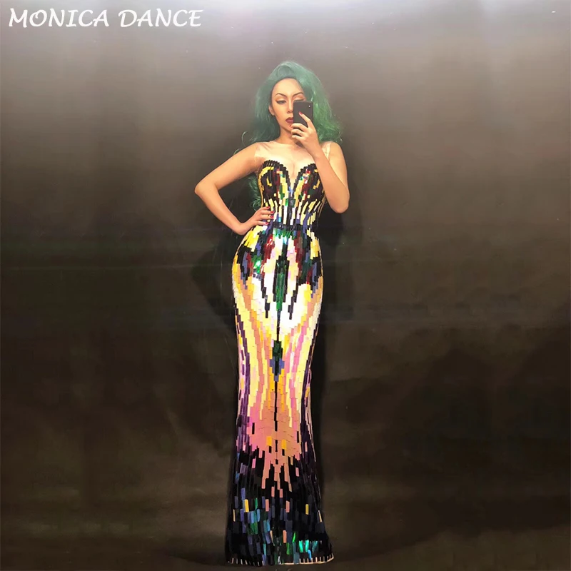 Women Sexy Stage Long Dress Sleeveless Full Of Colors Paillette Nightclub Party Dancer Singer Clothing Stage Wear Costume