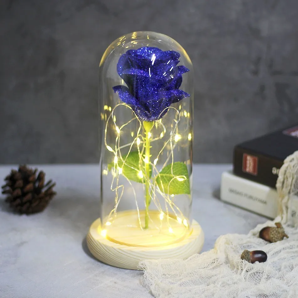 wood Golden blue Красивая и чудовищная Роза в колбе, светодиодный светильник в виде Розы, черная основа, стеклянный купол, лучший подарок на день матери, День святого Валентина - Цвет: wood Golden blue