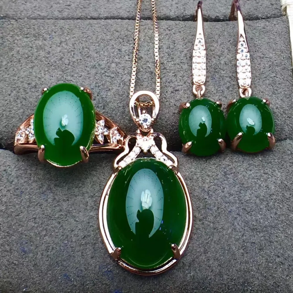 Кольцо с подвеской из натурального нефрита и тяньси три комплекта серебряное