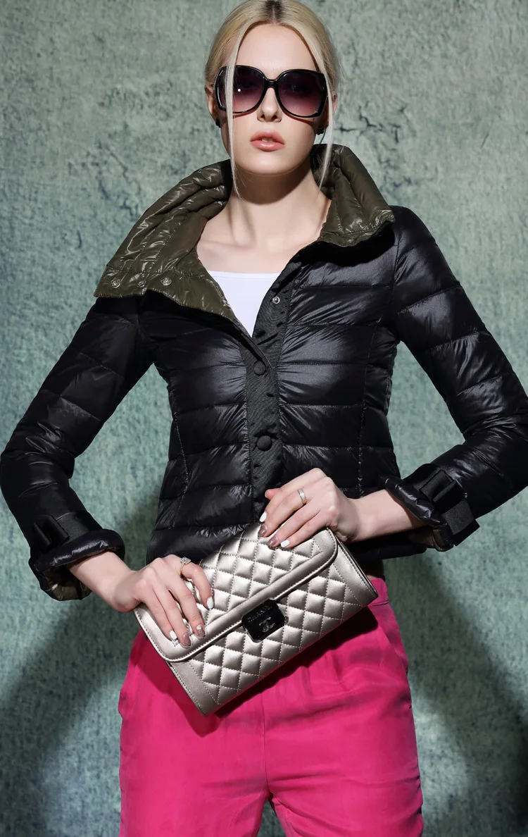 Женский короткий пуховик с воротником стойкой на белом утином пуху|autumn and winter|autumn