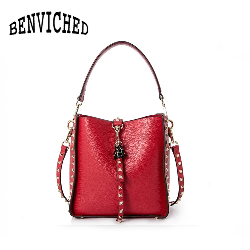 

BENVICHED New Women Genuine Leather Handbags Big Fashion Rivet Shoulder Bag Large Capacity Bucket Bags bolsa feminina L078
